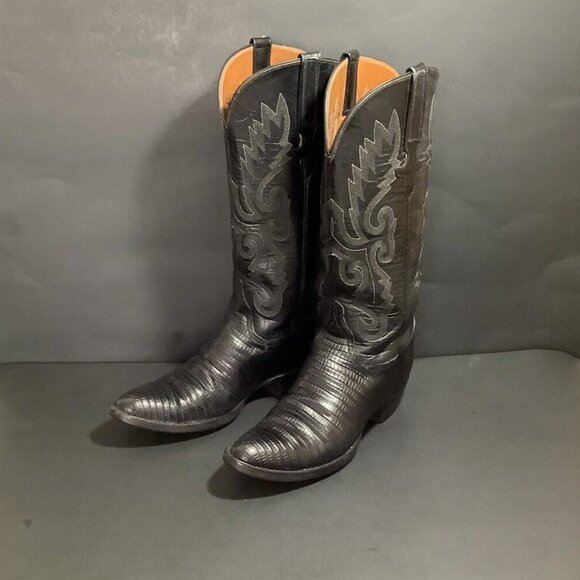 LUCCHESE Cowboy Boots Black Lizard Leather Size Men’s 5 / Women’s 6.5/7 - Picture 1 of 8